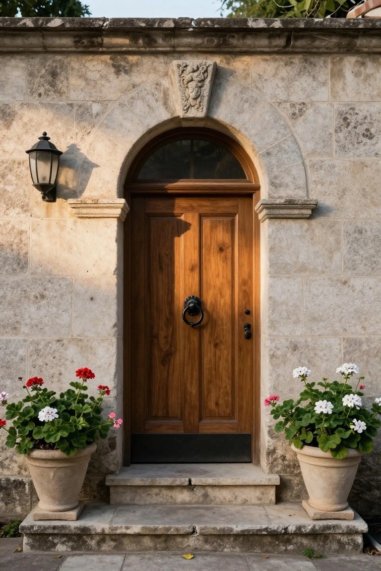 Arched stone wall with wooden door, black lantern light, door knocker, and potted geranium plants on either side of stone steps.