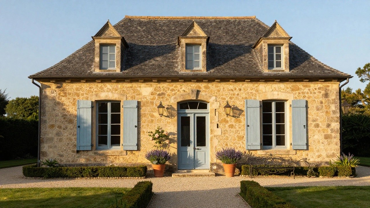 Front view of a two-story yellow stone house with slate roof, arched entryway with blue double doors and climbing pink roses, blue shutters on windows, lanterns flanking the door, lavender in terracotta pots, and gravel path bordered by grass and shrubs.