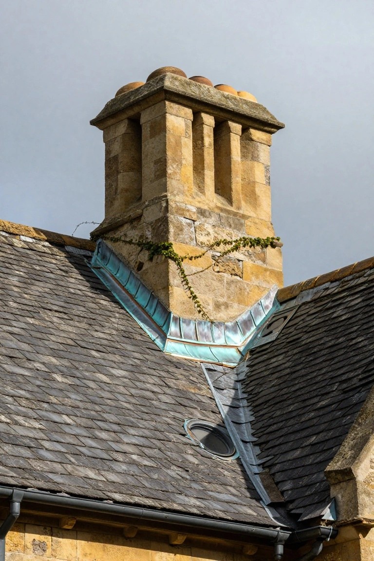 Close-up of a yellow stone chimney stack with four flues, terracotta finials, and green ivy growth on a slate-tiled roof with copper valley flashing.