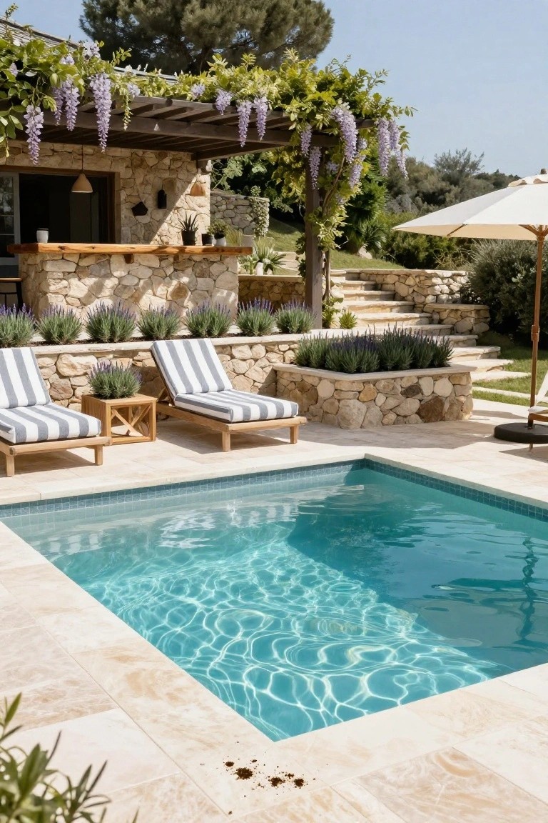 Small turquoise plunge pool on beige tiled terrace edged by stone retaining walls planted with lavender, flanked by two striped lounge chairs on wood frames with side tables, wooden bar counter, steps, wisteria-covered pergola, and white umbrella nearby.