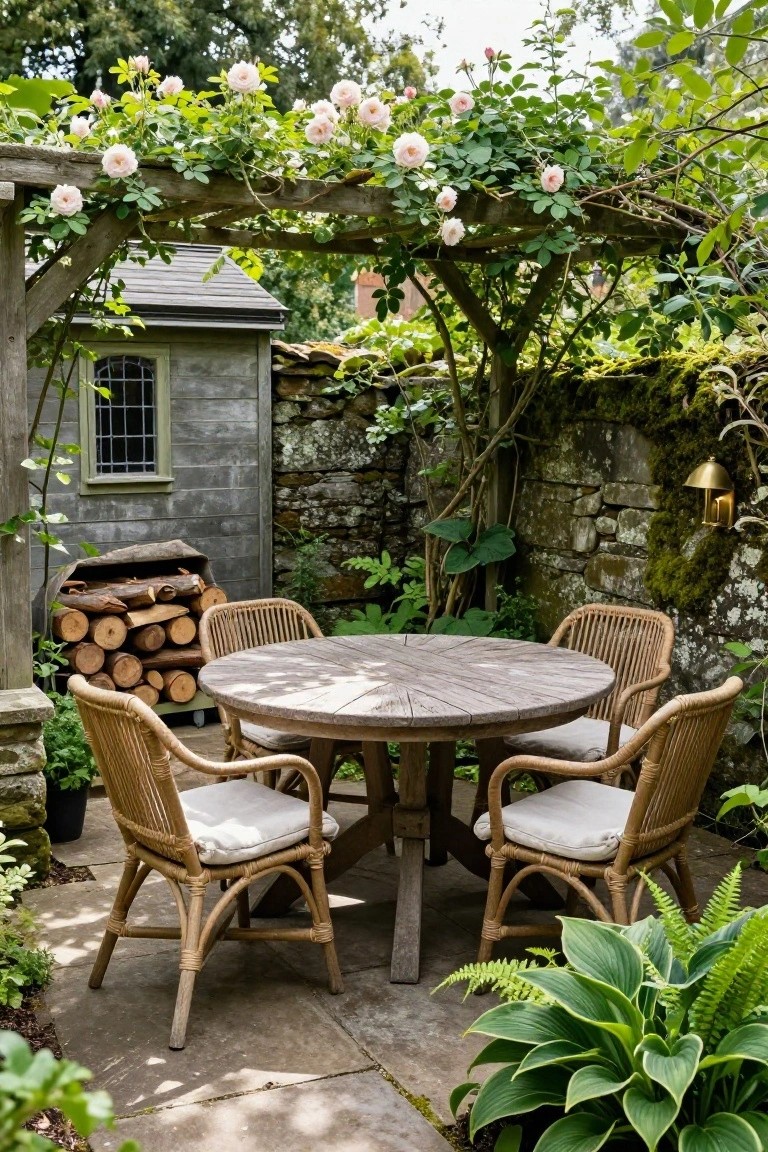 Wooden pergola covered in pink climbing roses shading a round weathered wood table and four rattan chairs with cushions on a stone patio, next to a mossy stone wall, firewood stack, and lush plants.