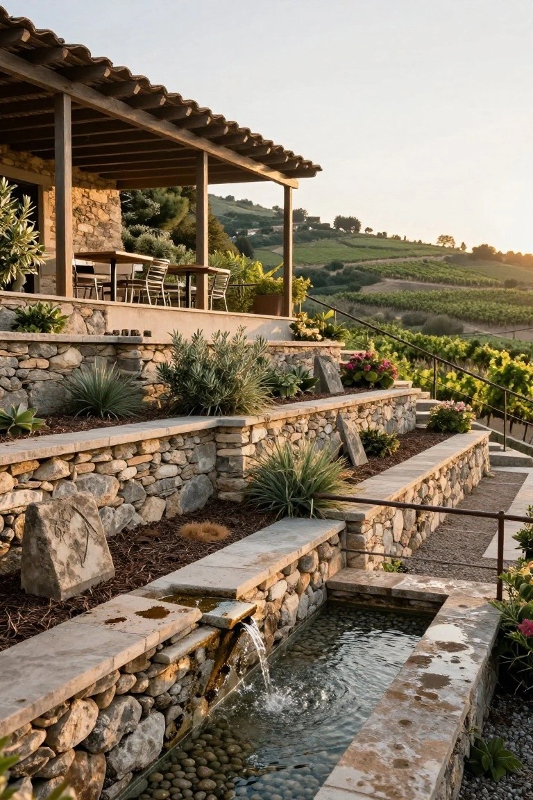 Multi-level dry stone wall terraces with agave plants, flower beds, pebble fountain, metal-railed stairs, and upper covered porch with dining table, overlooking vineyard rows at sunset.