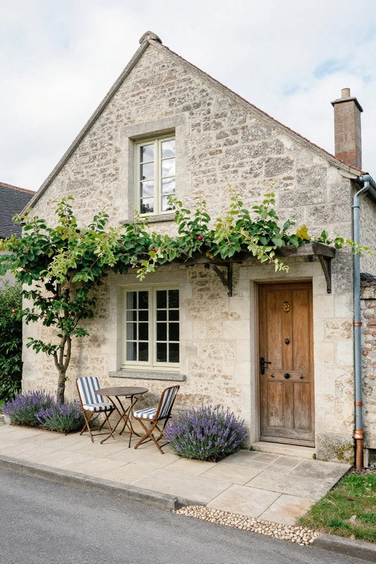 Stone house exterior featuring climbing vines over a wooden porch awning above a wooden front door, with striped bistro chairs, lavender plants, and a small tree along a paved path.