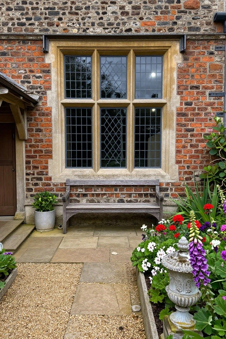 Brick and stone exterior wall of a Tudor-style house with a tall leaded glass window, wooden bench below it, potted plant, colorful flowers in a bed, stone garden urn with foxgloves, and gravel path.