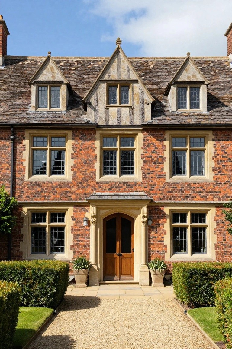 Front view of a two-story red brick Tudor-style house with gabled roofs, stone-trimmed multi-pane windows, arched stone porch with wooden double doors, boxwood hedges, potted plants, and gravel pathway.