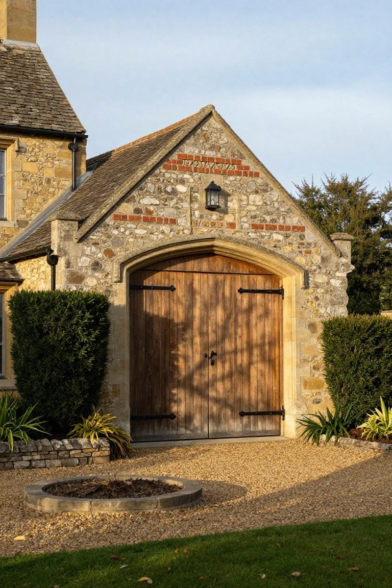 Stone and brick outbuilding with large arched double wooden garage doors, black iron hardware, flanked by boxwood hedges on a gravel path with potted plants and a circular stone planter nearby.