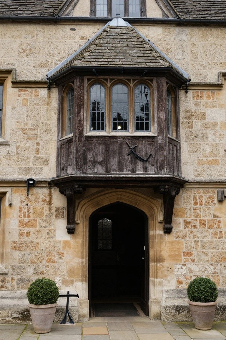 Beige stone Tudor house facade with projecting dark timber-framed oriel window featuring leaded glass panes above a centered arched wooden entry door, flanked by potted topiary boxwoods on a stone-paved path.
