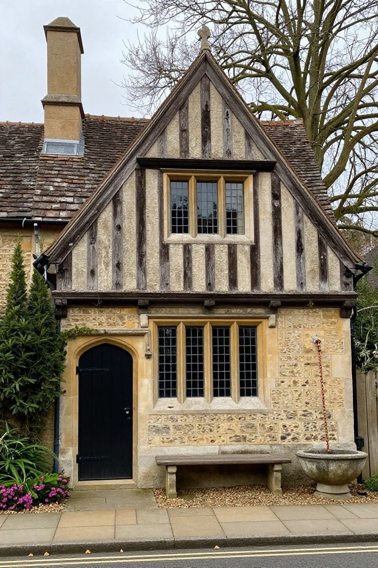 Two-story Tudor house exterior with dark timber framing on light stone walls, steeply pitched gable roof, arched black front door, leaded windows, wooden bench, stone trough, plants, and tall conifer tree beside a street.