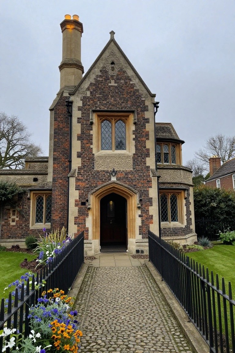 Red brick Tudor-style house with light stone corner quoins and trim, tall chimney, arched wooden front door, leaded windows, black iron fence, pebbled walkway, and flower beds.