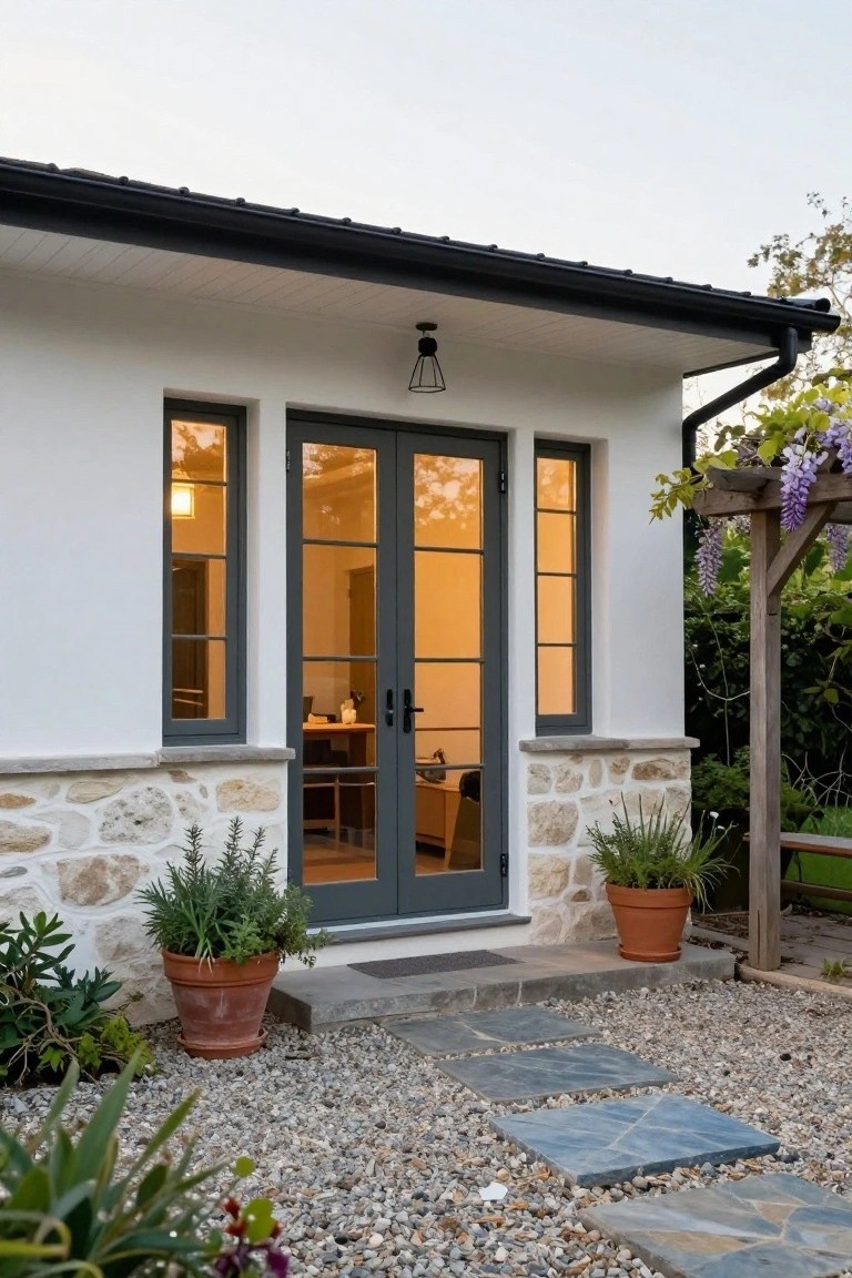 White stucco cottage exterior with dark gray French doors and flanking windows, stone base accents, potted plants nearby, gravel ground, and stone step path leading to the entry under a hanging lantern.