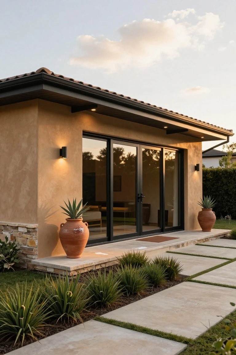 Stucco-walled cottage exterior featuring large black-framed sliding glass doors as the entry, flanked by terracotta pots with agave plants, a stone base, concrete paver pathway, and low grasses in the yard at dusk.