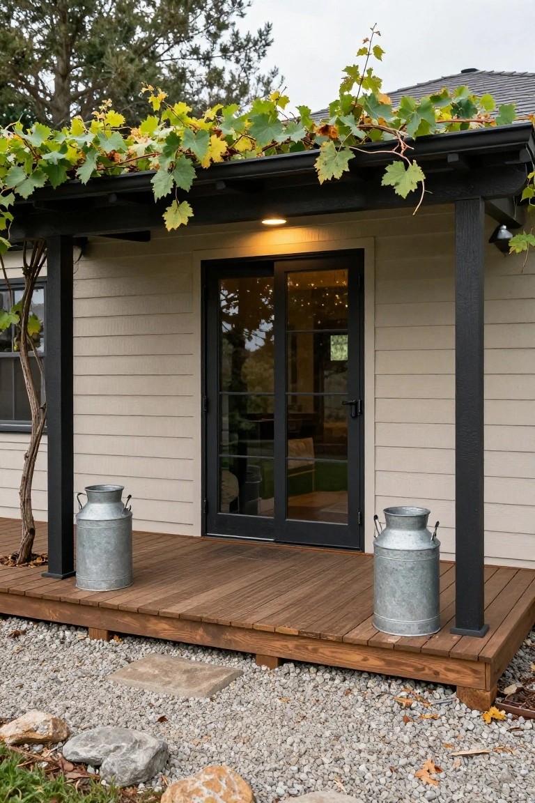 Beige wood-sided house exterior with black-framed sliding glass doors on a wooden deck porch supported by black posts under a vine-covered pergola, flanked by two tall galvanized milk cans on gravel ground with rocks nearby.