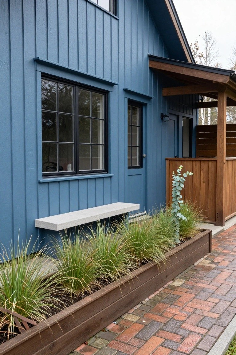 Side view of a blue vertical board-and-batten clad house with black-framed windows and door, wooden porch railing, concrete bench, planter box filled with grasses and eucalyptus, and brick pathway.