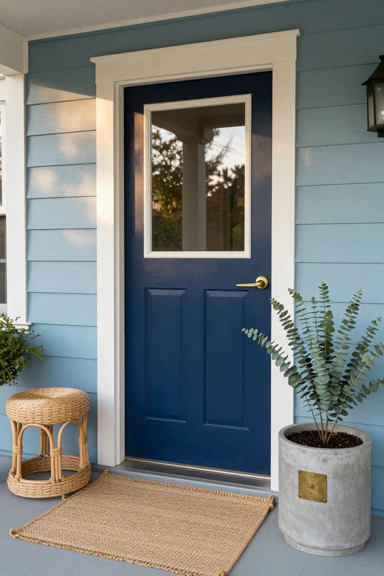 Light blue horizontal clapboard house exterior featuring a navy blue paneled front door with glass panel and gold lever handle, next to a rattan stool with small plant, large concrete pot with eucalyptus, seagrass doormat, and lantern light on porch.