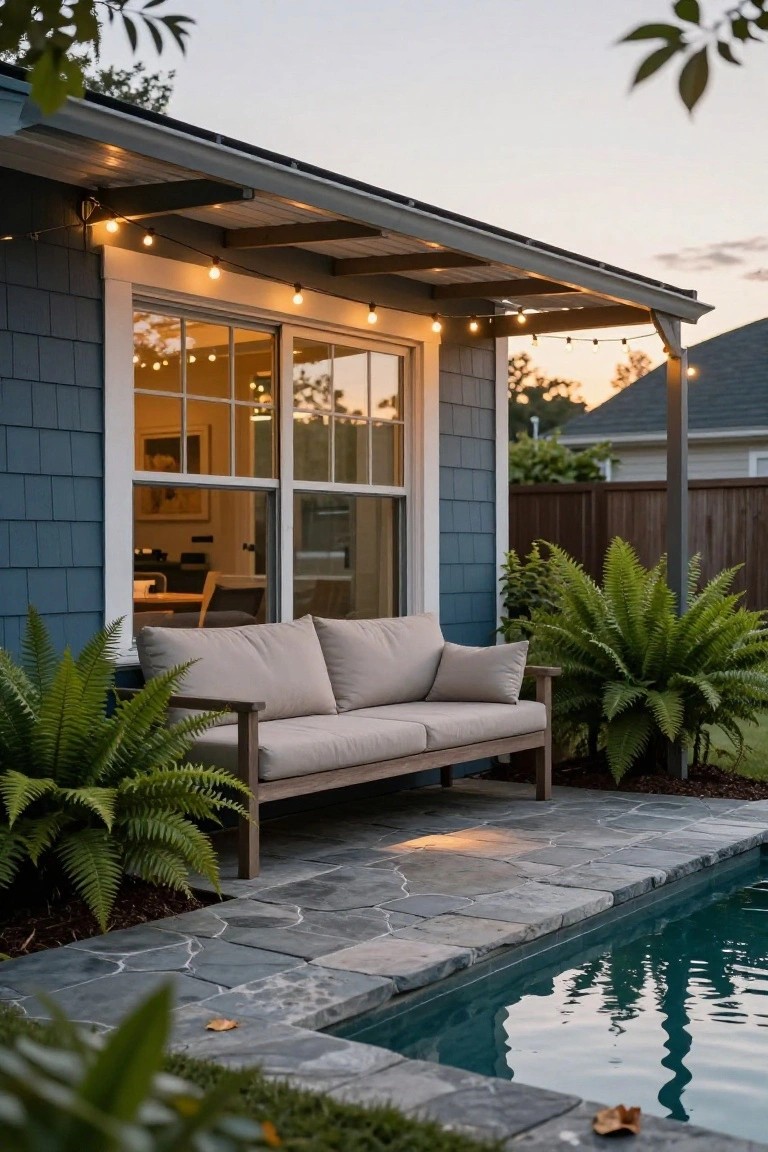 Blue shingled house exterior with covered porch strung with warm lights, neutral sofa on gray stone patio flanked by large ferns, next to an in-ground pool at dusk.