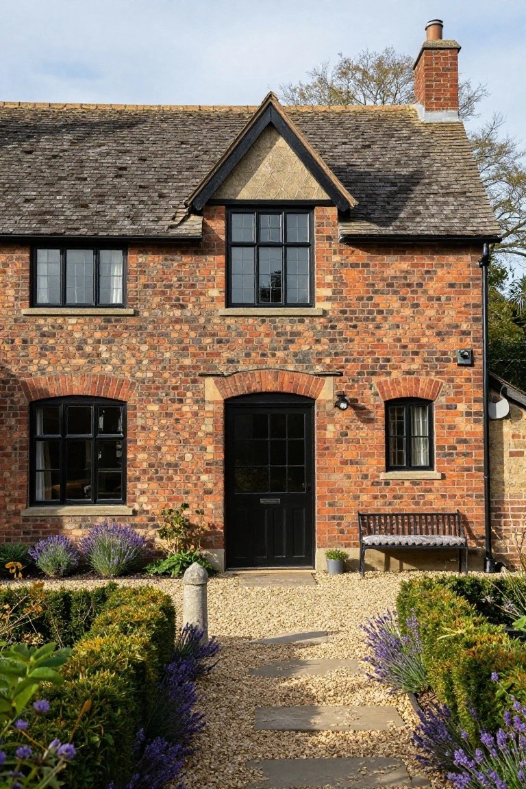 A two-story red brick cottage with gabled roof, black-framed windows, arched black front door, gravel pathway lined with lavender plants and boxwood hedges, and a bench beside the entrance.