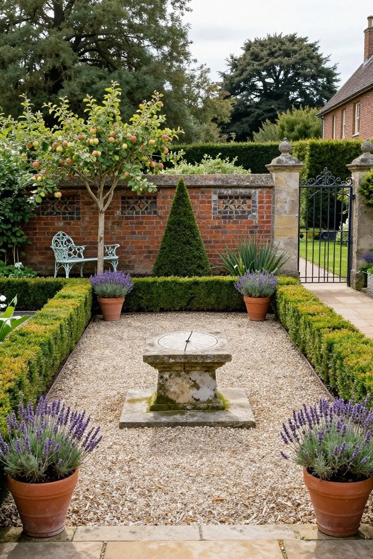 Symmetrical gravel courtyard enclosed by low boxwood hedges, with central stone sundial pedestal, potted lavender plants, apple tree, white metal chair, and wrought iron gate against brick walls.