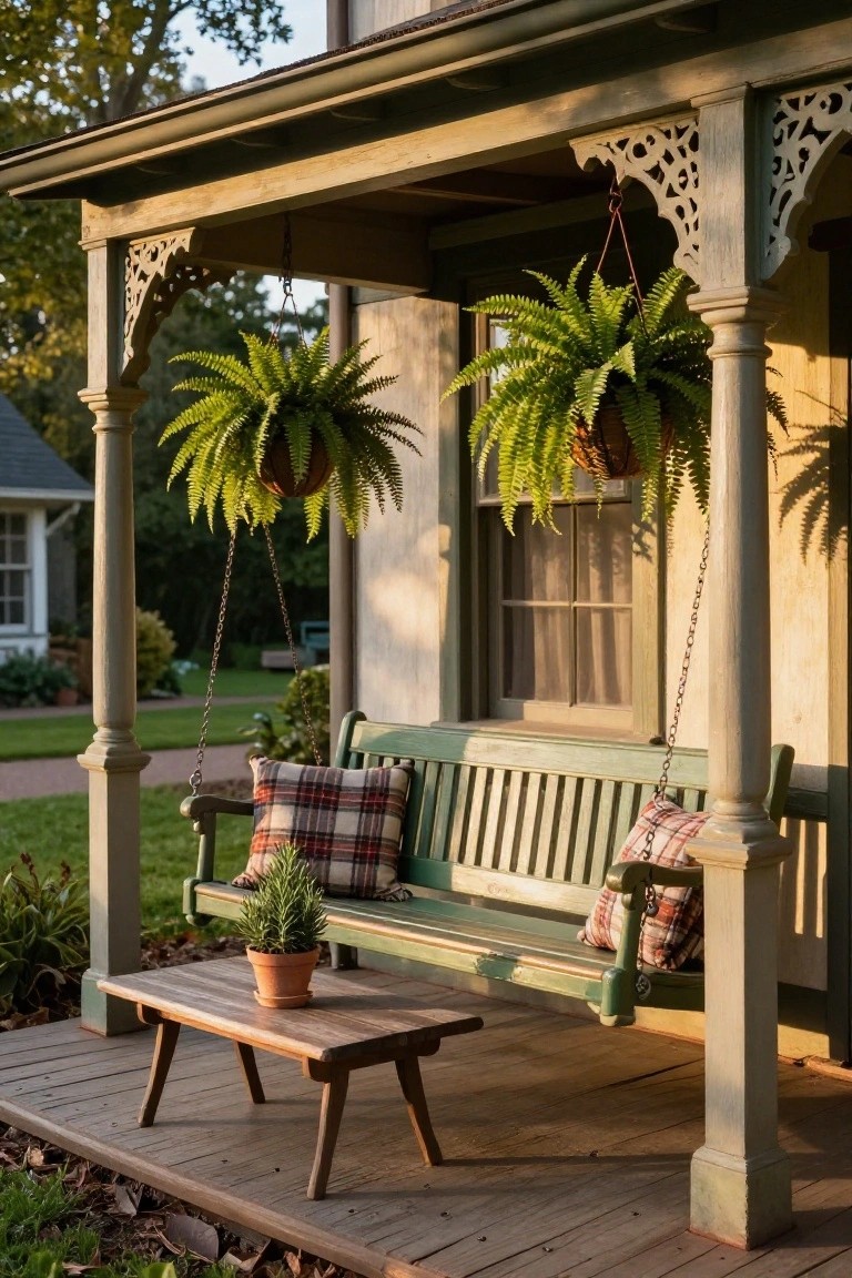 Green wooden porch swing with plaid pillows and cushions hanging from chains on a porch, next to a small wooden table with a potted plant, surrounded by hanging ferns and ornate columns.