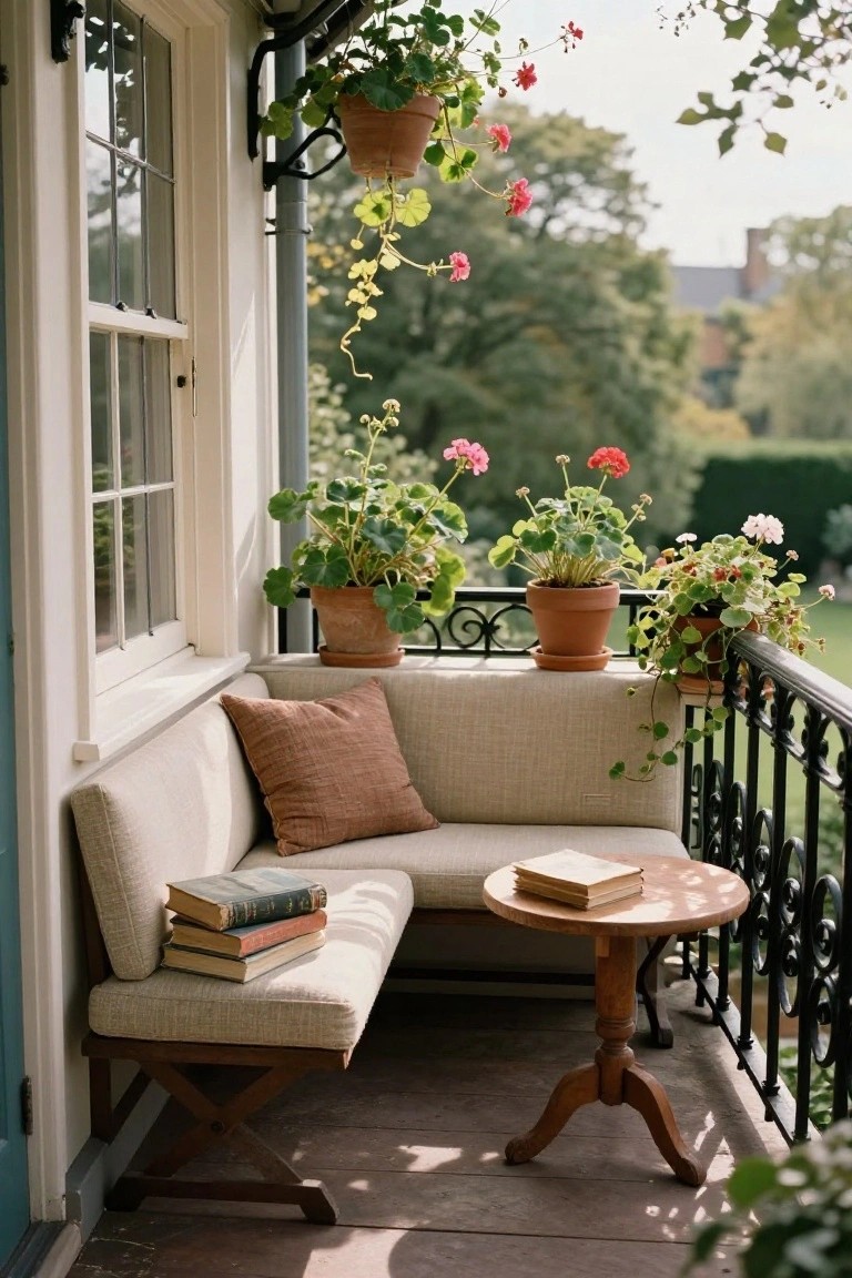 A beige corner bench on a balcony with black wrought-iron railing, surrounded by multiple potted geraniums and trailing plants, books stacked on the bench and a small round wooden table beside it, with a white house wall and greenery in the background.