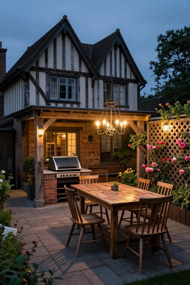 Dusk view of a Tudor-style house with timber-framed patio covered by a wooden pergola, featuring a brick countertop grill, rectangular wooden dining table with chairs, hanging chandelier lights, and climbing pink roses on a lattice fence amid potted plants and stone pavers.