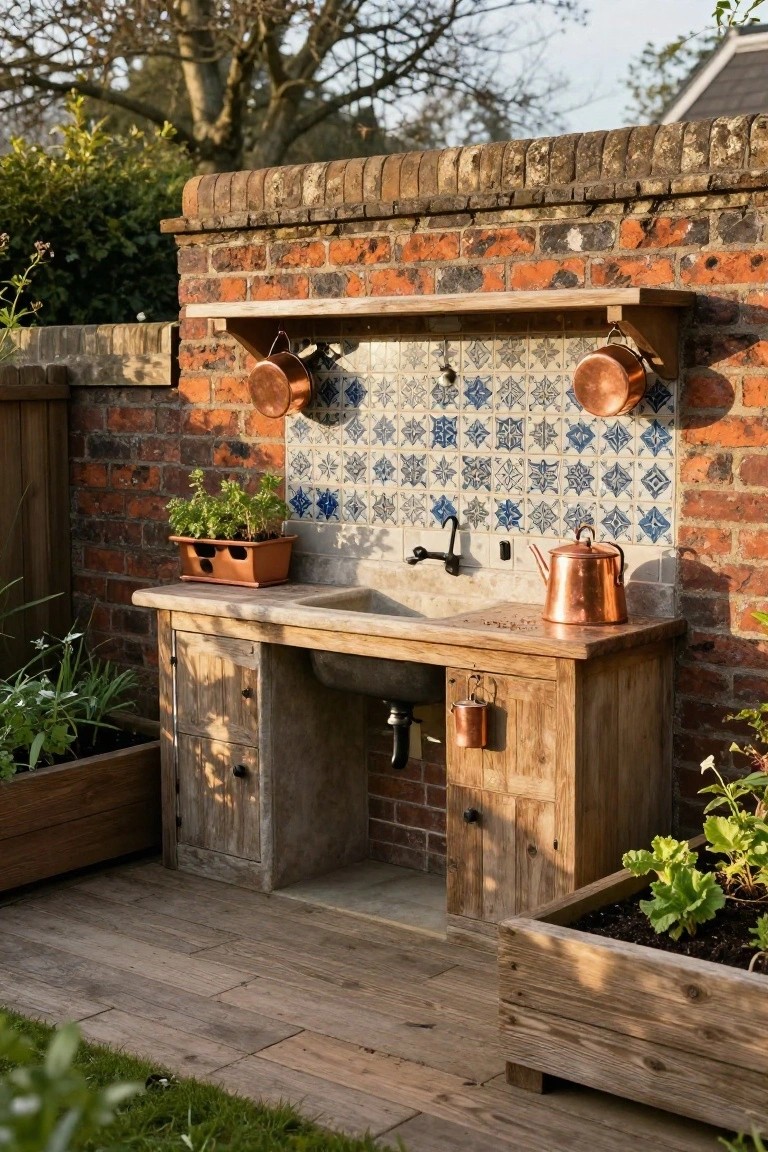 Outdoor wooden potting sink unit with stone basin against a brick wall featuring blue patterned tiles, copper pots and watering can on shelves, and adjacent raised planters with herbs and greens on a wooden deck.