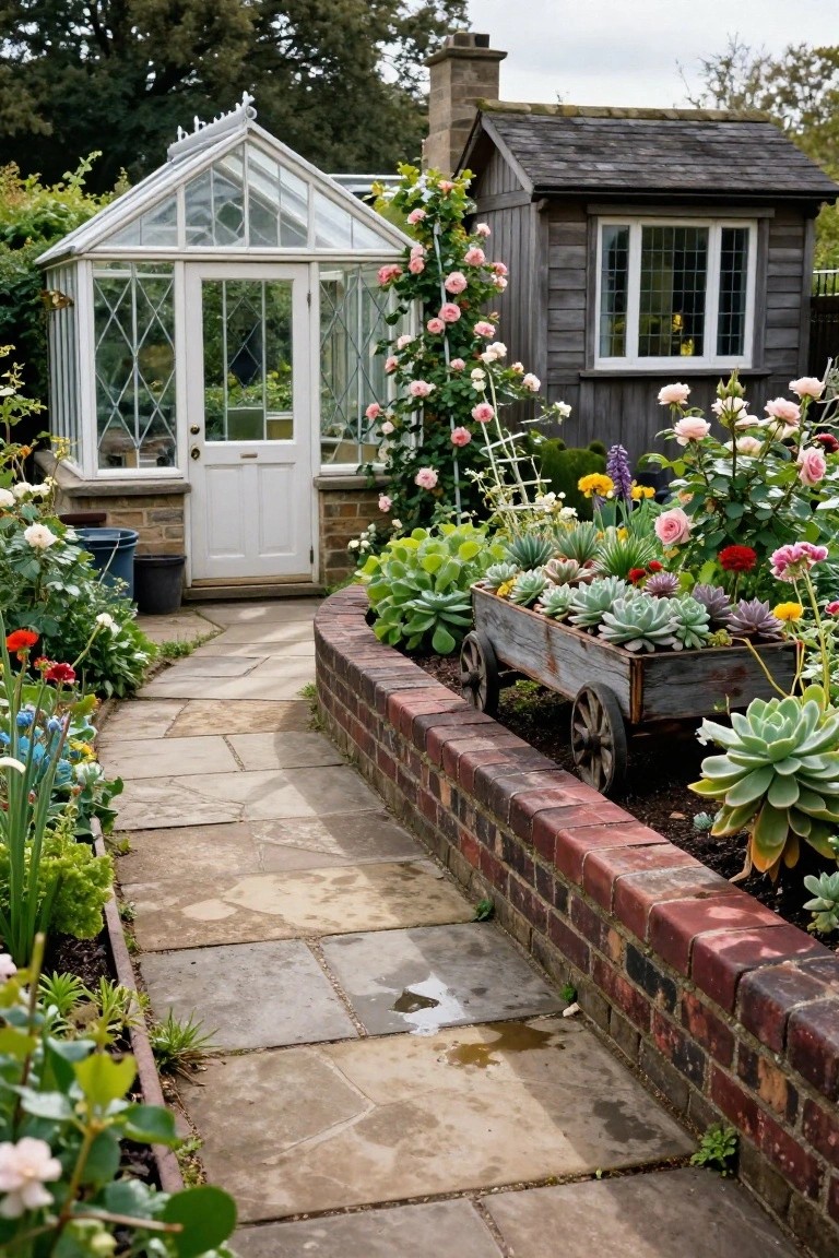 Stone pathway curving through a lush garden, bordered by a low brick wall with a wooden cart planter filled with succulents, colorful flowers, a glass greenhouse, and a wooden shed in the background.