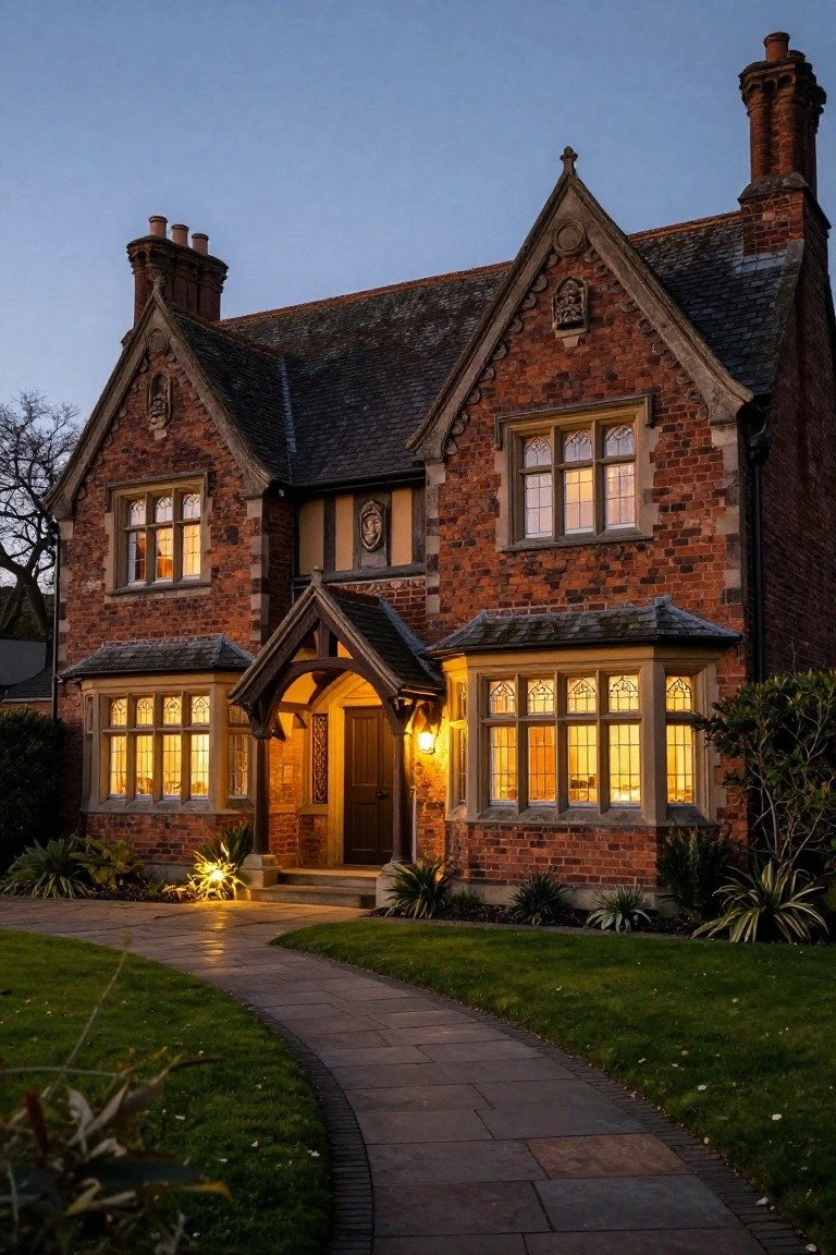 Two-story red brick Tudor house exterior at dusk with gabled timber porch over wooden front door, wall lanterns illuminating the entry, leaded glass windows, curved stone pathway, and low garden plantings.