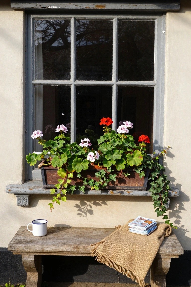 Rustic window box overflowing with red and pink geraniums and green ivy on the sill of a six-pane gray wooden window in a white plaster wall, with a wooden bench below holding a white mug with blue rim, stack of magazines, and beige fringed throw.