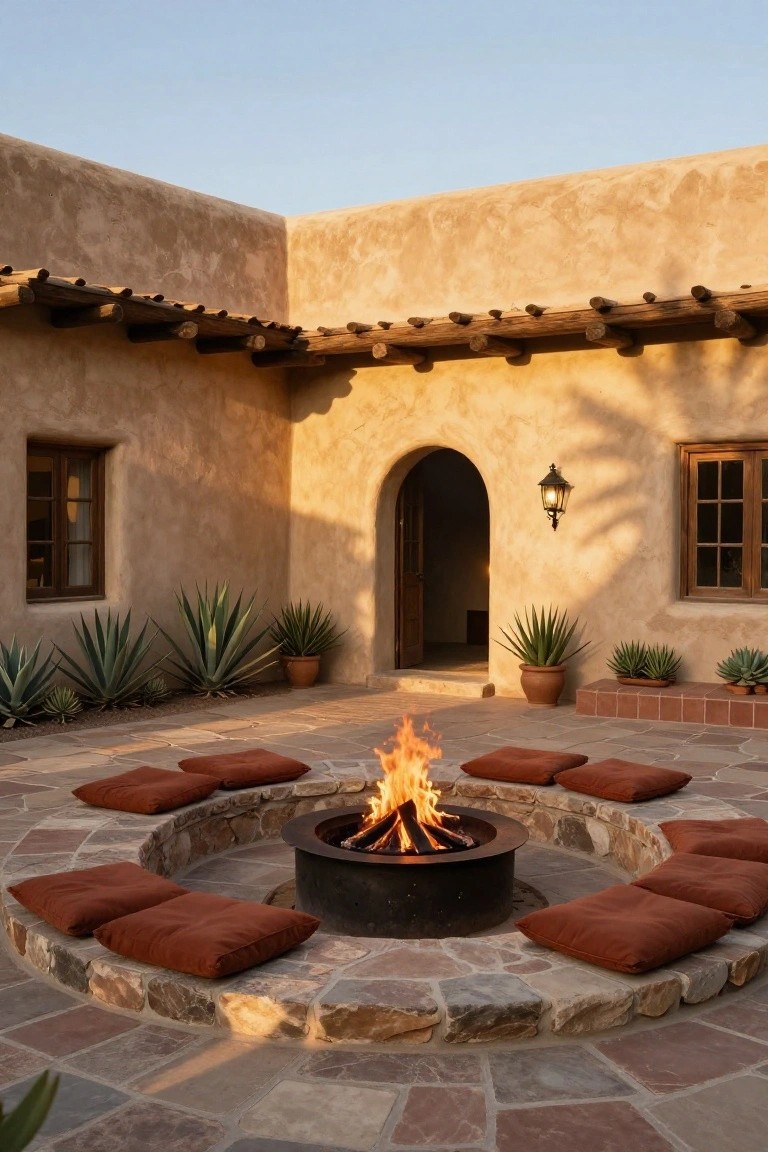 Adobe-style courtyard corner with tan stucco walls, arched wooden door, lantern light, potted agave plants, and a central black metal fire pit with flames surrounded by terracotta cushions on a curved stone patio edged with rocks.