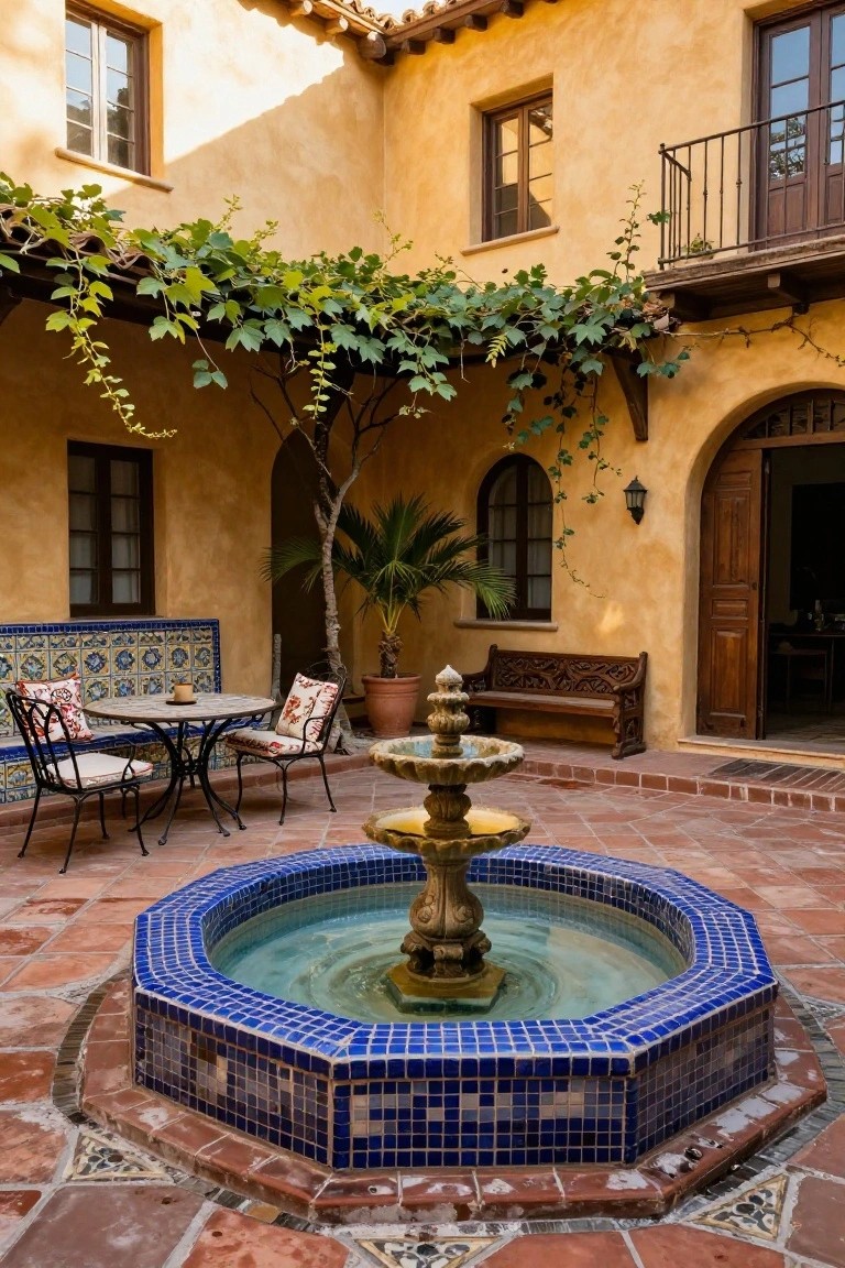 Sunny enclosed courtyard with central round blue-tiled fountain, wrought-iron table and chairs with cushions, carved wooden bench, potted palm tree, grapevines on walls, arched wooden door, and terracotta tile floor.