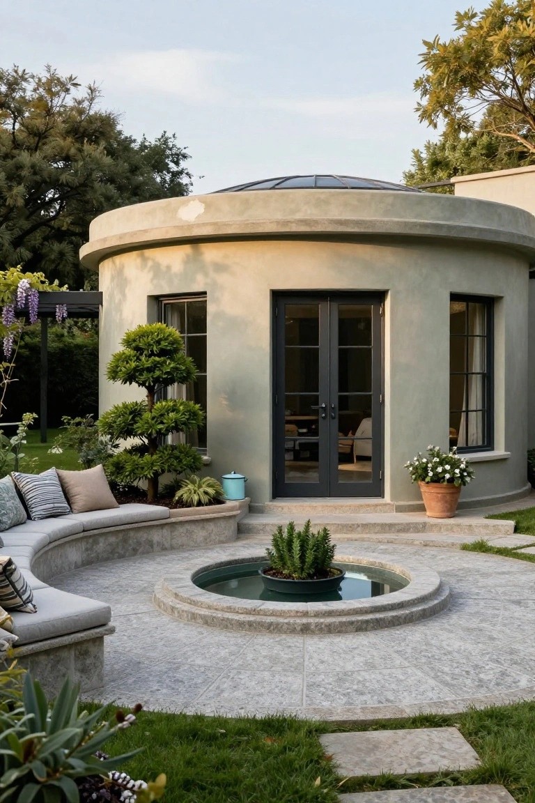 Curved beige stucco pavilion with black-framed glass doors and windows, facing a circular stone fountain containing a potted plant, encircled by a curved stone bench with cushions and pillows, surrounded by potted plants and garden beds on a paved patio.
