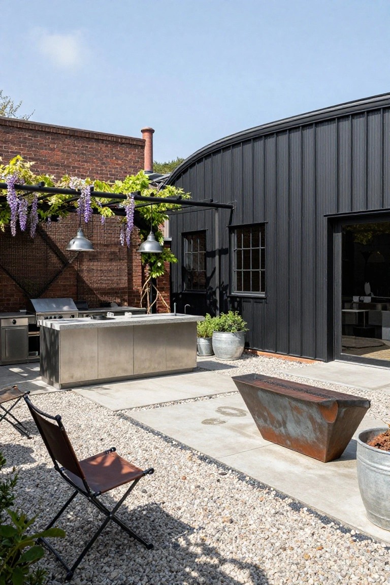 Outdoor courtyard with stainless steel kitchen island, grill, sink, curved black metal house wall, brick backdrop with wisteria pergola, linear metal fire pit, folding chairs, and potted plants on gravel and concrete paving.