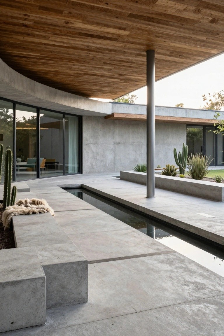 Curved concrete house wall with wooden slat overhang above a gray concrete patio featuring a narrow rectangular reflecting pool, potted cacti, agave plants, built-in benches, and a fur throw on the ground.