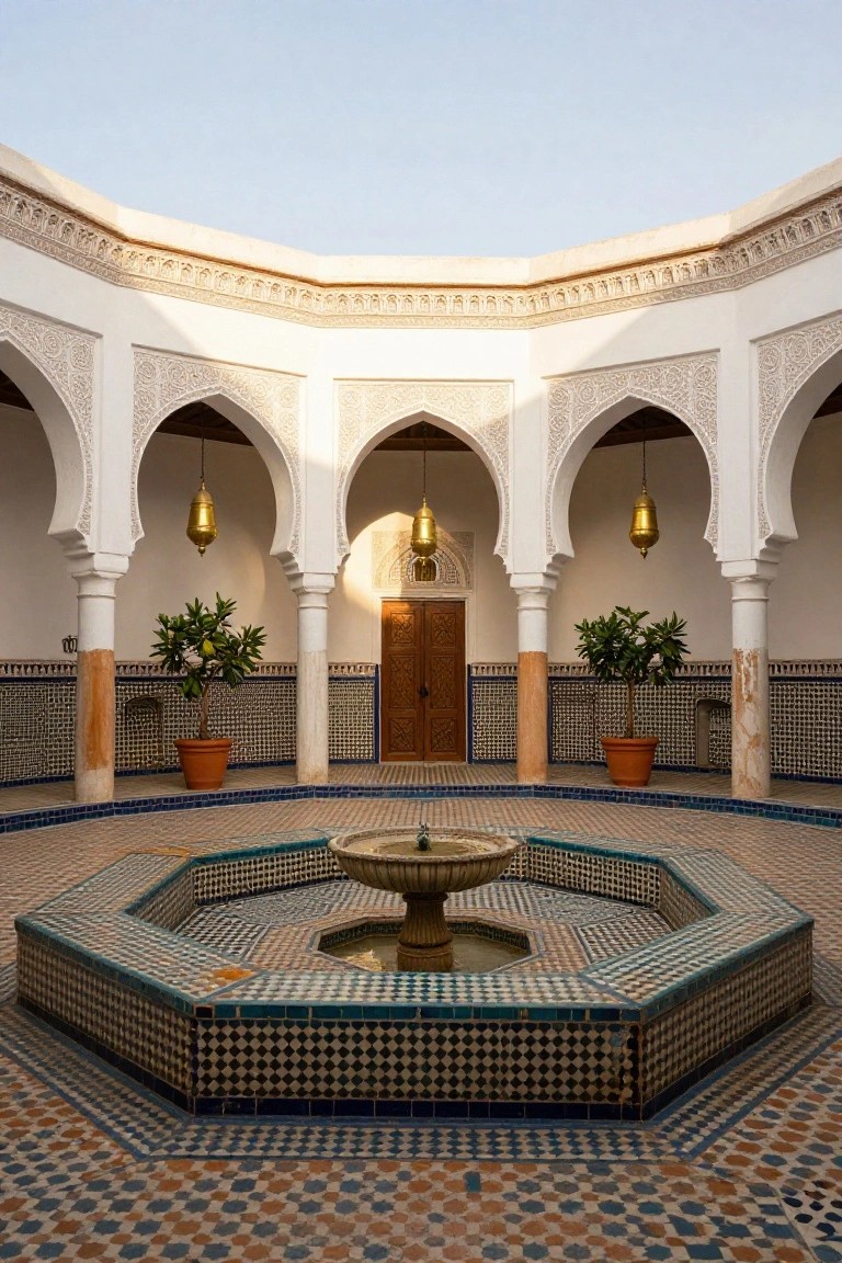 Courtyard with ornate arches, tiled fountain, and hanging lanterns.