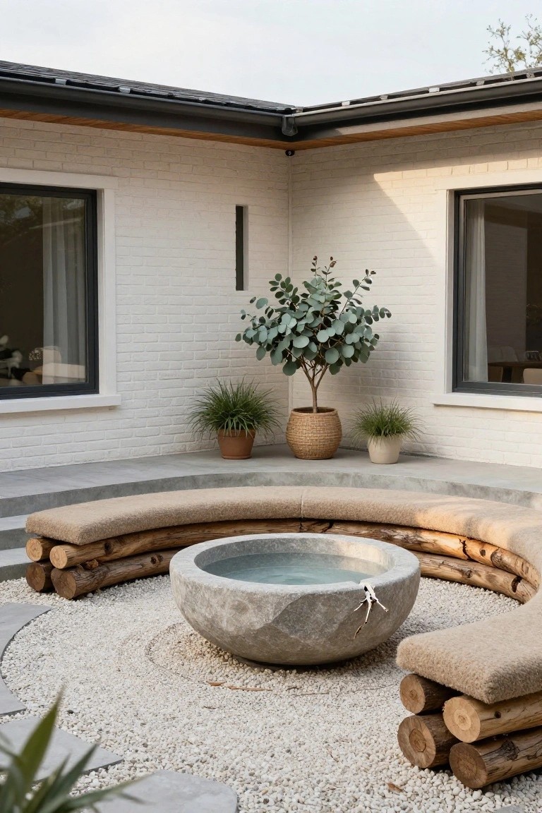 White brick house corner with black-framed windows overlooking a gravel courtyard featuring curved log benches with beige cushions encircling a large gray stone basin filled with water, potted eucalyptus tree and grasses nearby.