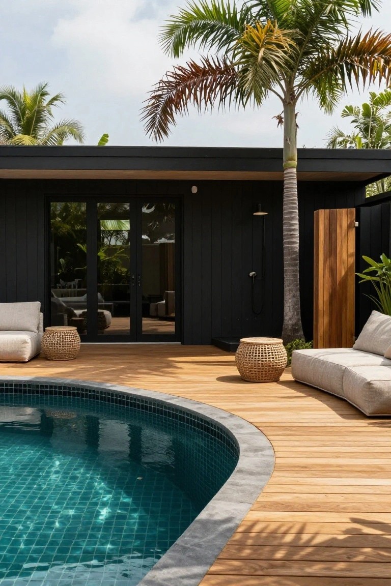 Modern black-clad house with large sliding glass doors open to a light wooden deck curving around a green mosaic-tiled curved pool, with an outdoor shower, palm trees, white modular sofas, rattan baskets, and tropical plants.