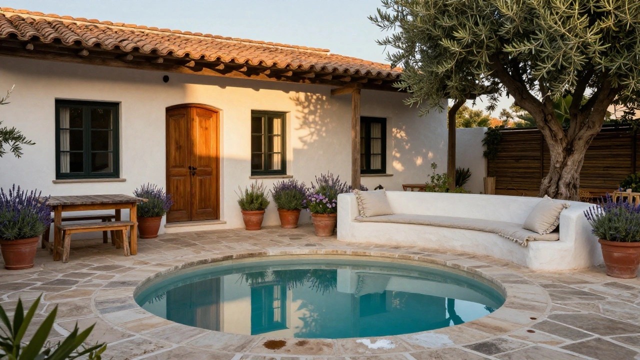 White stucco house with terracotta tile roof and wooden pergola, featuring an arched wooden front door flanked by wall lanterns, a built-in cushioned bench, potted plants, olive tree, rustic wooden table and stools on stone patio next to a round turquoise pool.