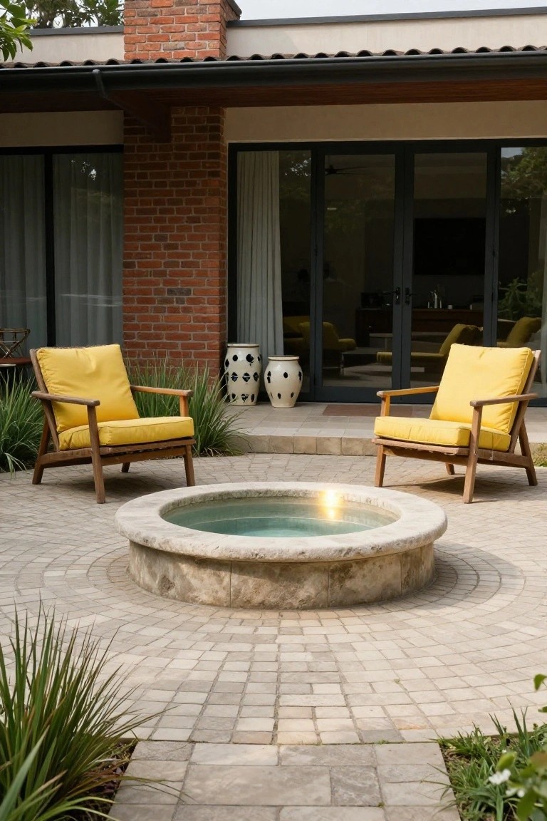 Outdoor patio with a central round stone fire pit containing water and light reflection, two yellow cushioned wooden armchairs facing it, brick house wall with sliding glass doors behind, paver flooring and potted plants around.