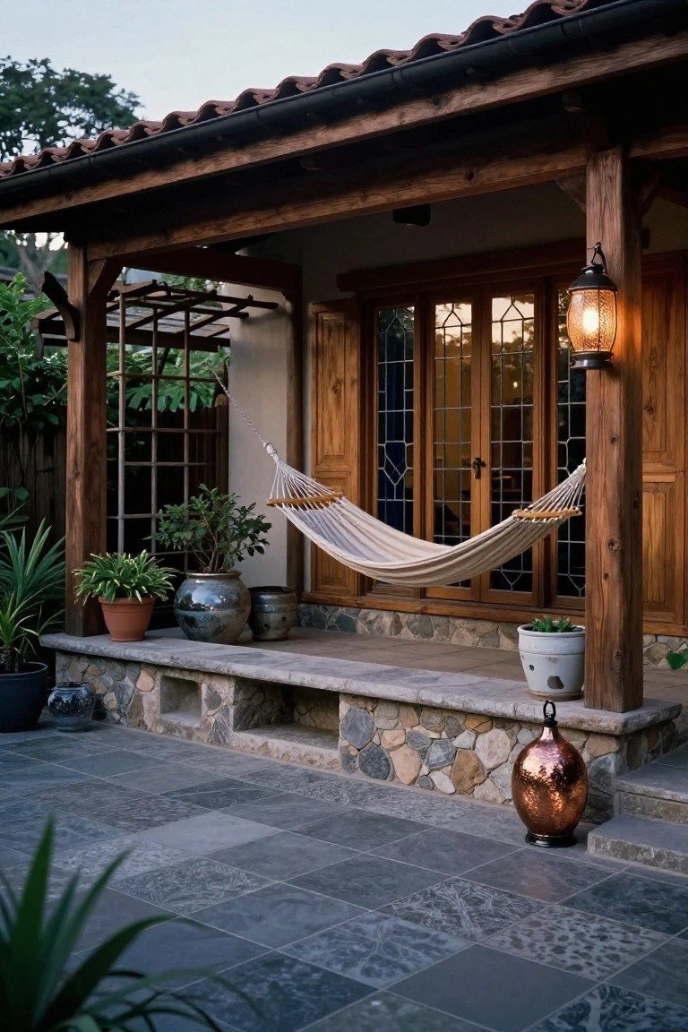 Covered wooden porch with white hammock strung between posts next to glass doors, potted plants, metal lanterns, stone steps, and slate tile patio.