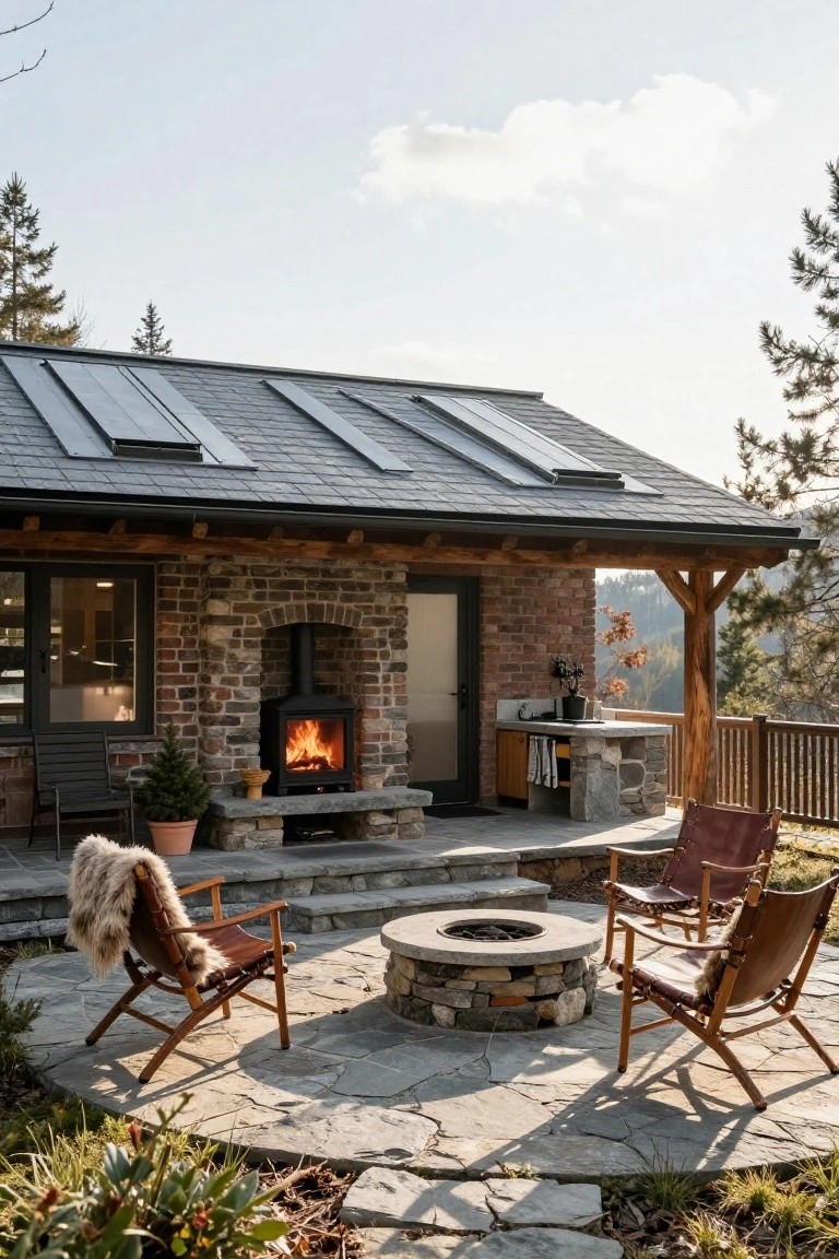 Stone patio outside a brick and wood house featuring a round stone fire pit surrounded by two wooden-framed leather lounge chairs with fur throws, an adjacent outdoor wood-burning stove, and nearby plants and trees.