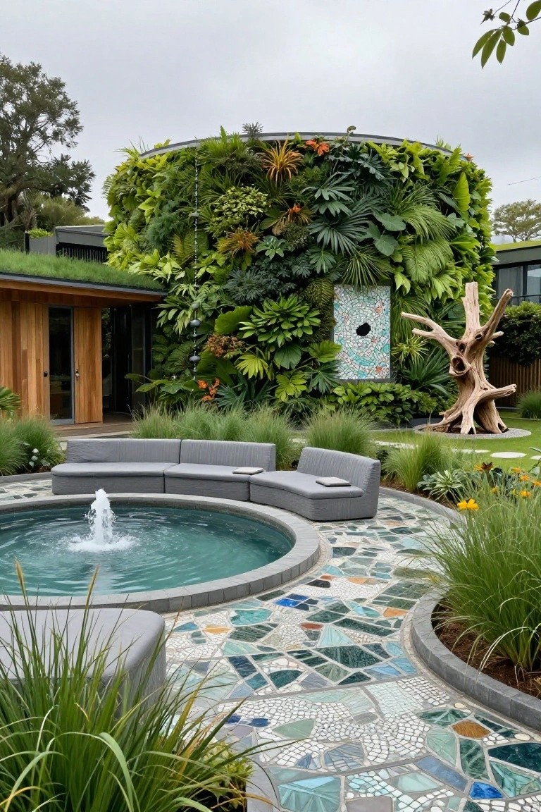 Outdoor courtyard with a circular blue-green fountain and water jet at center, surrounded by curved gray fabric sofas on a multicolored mosaic tile patio edged in grasses, adjacent to a tall cylindrical structure covered in living green wall plants and a wooden pavilion building.