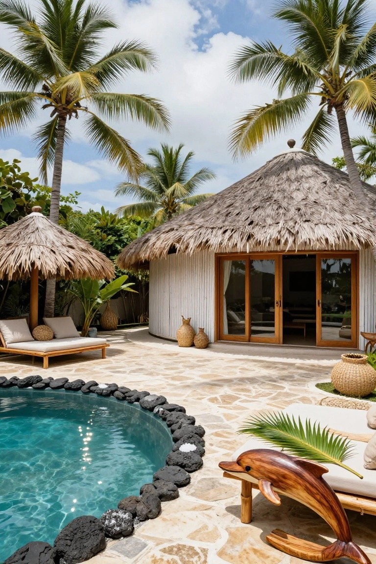 Round white bungalow with thatched roof and wooden sliding doors next to a curved turquoise pool edged in black lava rocks, surrounded by palm trees, loungers, and woven baskets on a stone terrace.