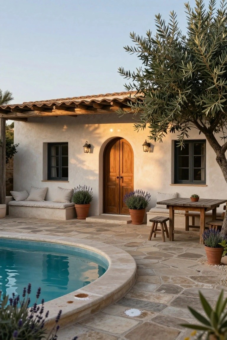 White stucco house with terracotta tile roof and wooden pergola, featuring an arched wooden front door flanked by wall lanterns, a built-in cushioned bench, potted plants, olive tree, rustic wooden table and stools on stone patio next to a round turquoise pool.