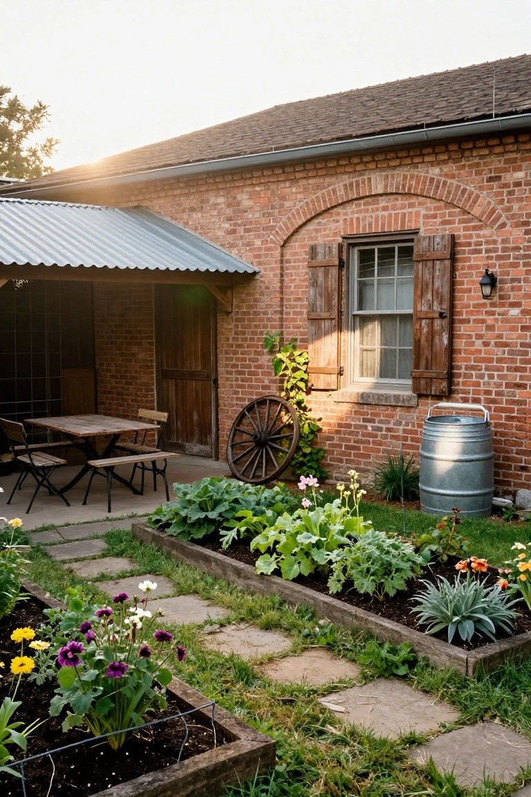 Brick outbuilding with wooden door and arched shuttered window, covered metal roof porch holding wooden table and benches, adjacent raised garden beds with vegetables and flowers, stone paths, wagon wheel, metal tub, and greenery.