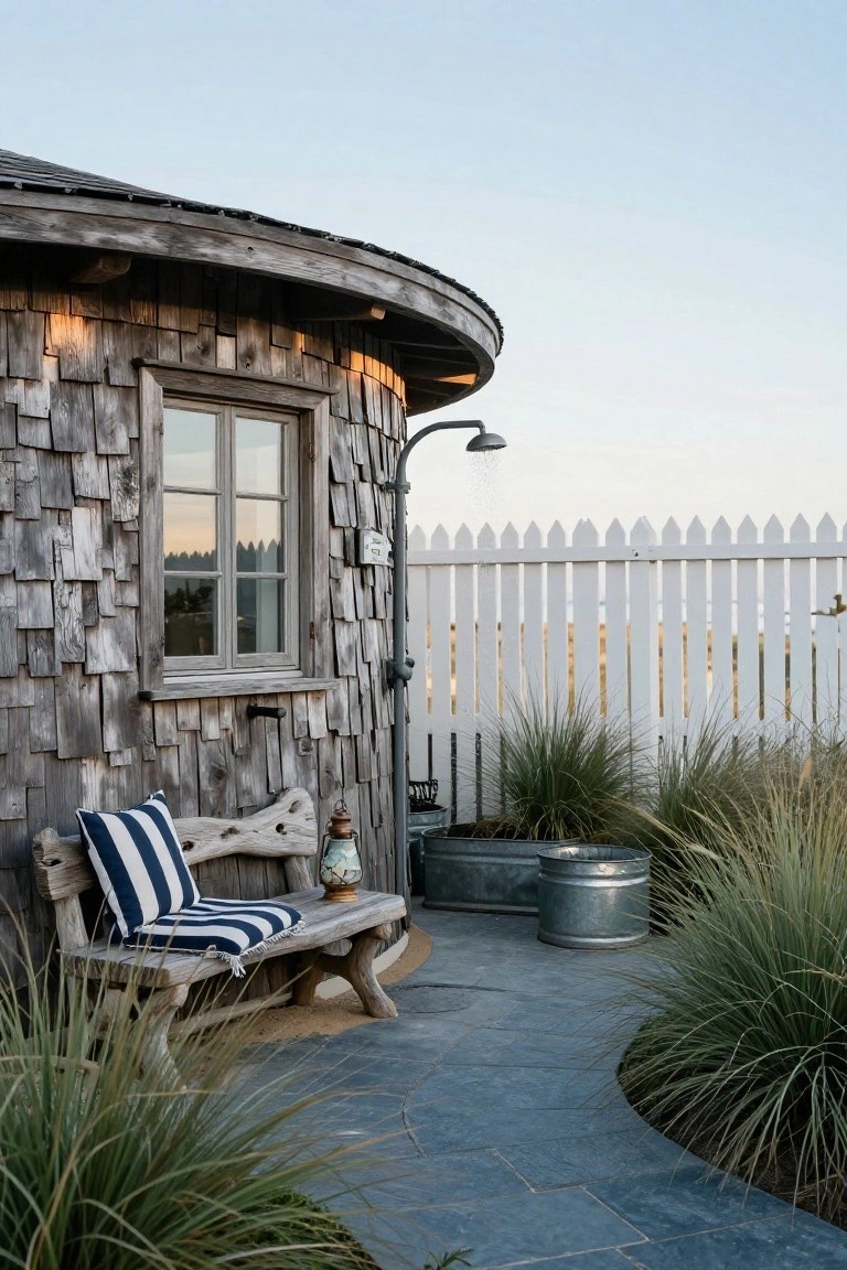Curved wooden shingled outdoor shower structure with mounted shower head, small window, wooden bench with striped cushion, metal buckets, lantern, ornamental grasses, and white picket fence along a curved stone path.
