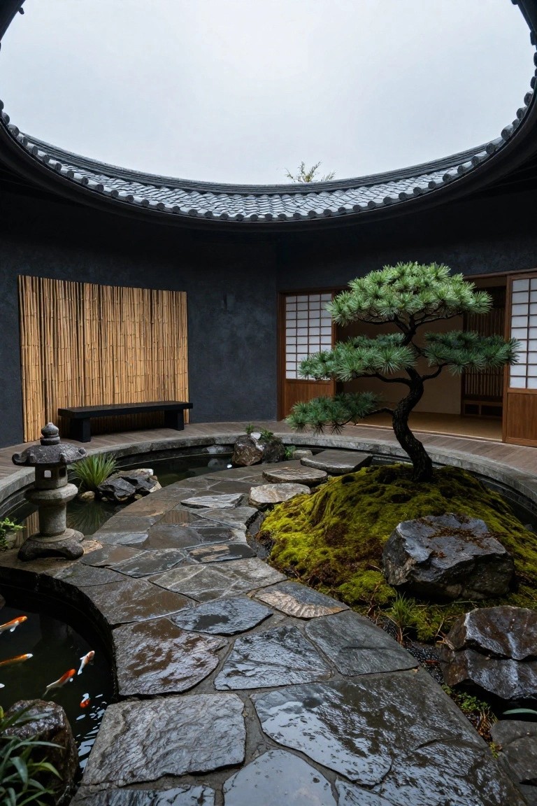 Circular courtyard under a dark curved tiled roof with bamboo screen and black bench on one side, open shoji screen doors on another, central koi pond with orange fish, mossy mound holding a bonsai pine tree, stone lantern, rocks, plants, and irregular wet flagstone path.