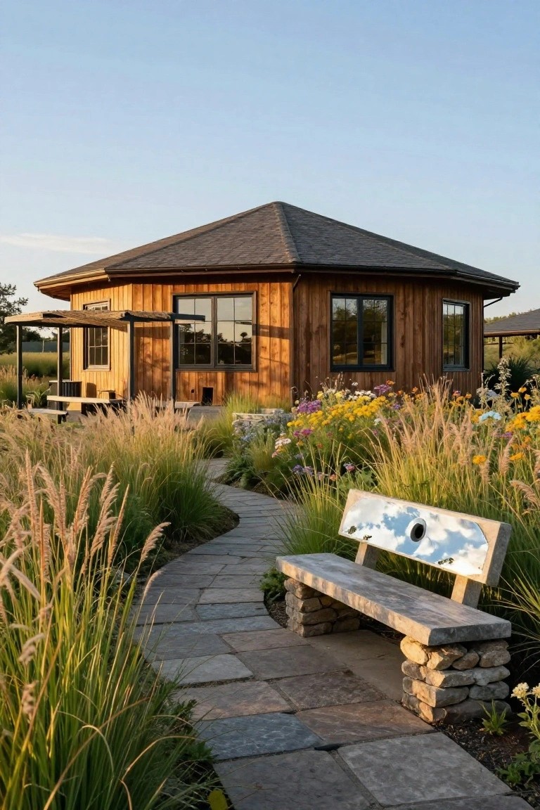 Round wooden house with shingled roof and pergola, viewed from a curved stone pathway lined with tall grasses and wildflowers leading to a stone bench with mirrored backrest.