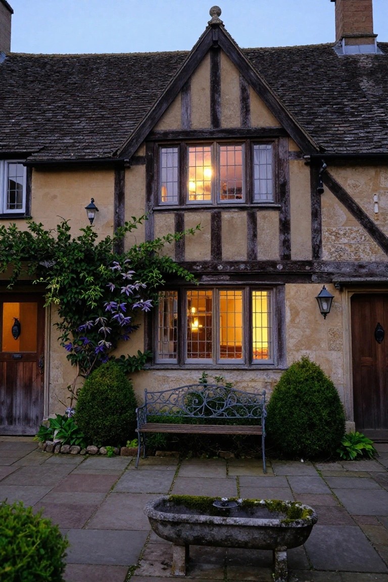 Evening photo of a two-story half-timbered stone cottage with glowing windows, purple clematis climbing one wall, boxwood shrubs, iron bench, stone trough, and lanterns on a paved front courtyard with two wooden doors.