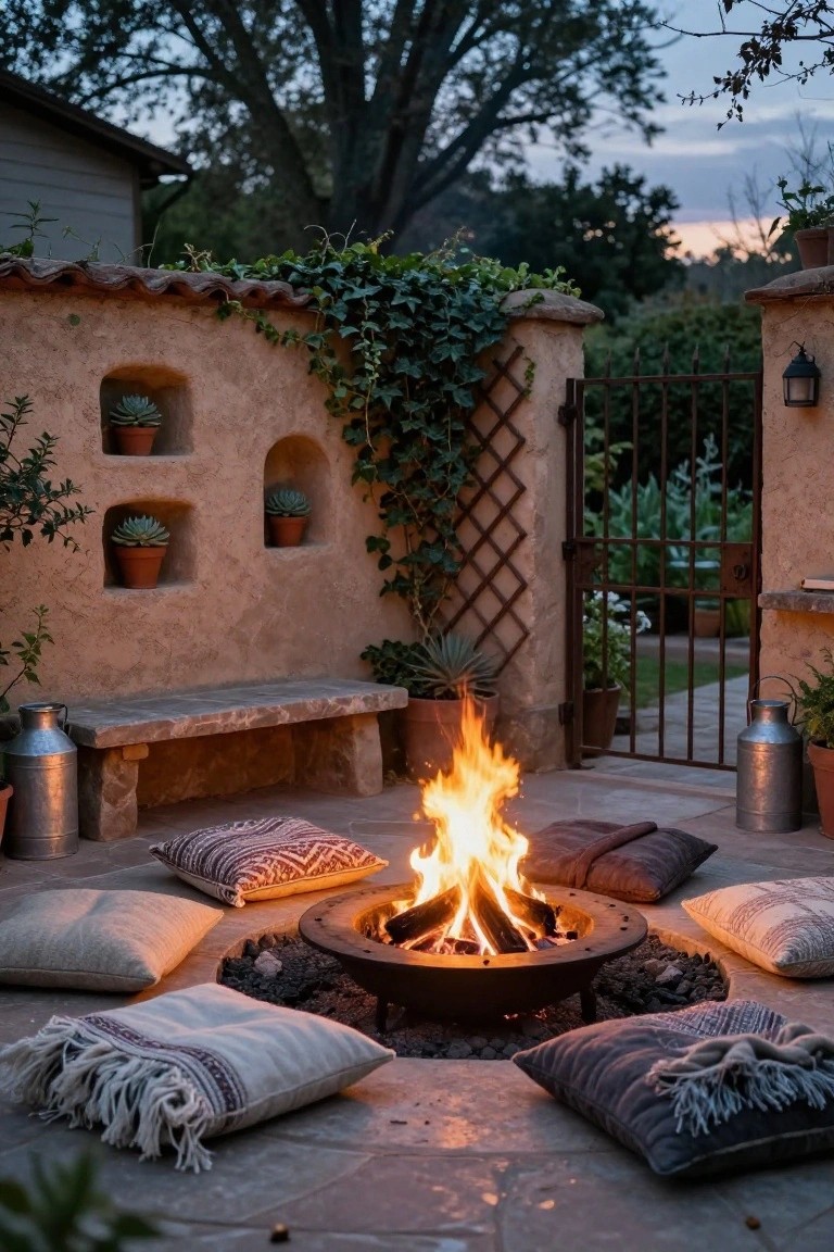 Rustic outdoor patio at dusk with a central circular fire pit burning brightly, surrounded by floor cushions and pillows on stone pavers, a stone bench, metal milk cans, potted succulents, and an ivy-covered stucco wall with arched niches, plants, and a black metal gate.