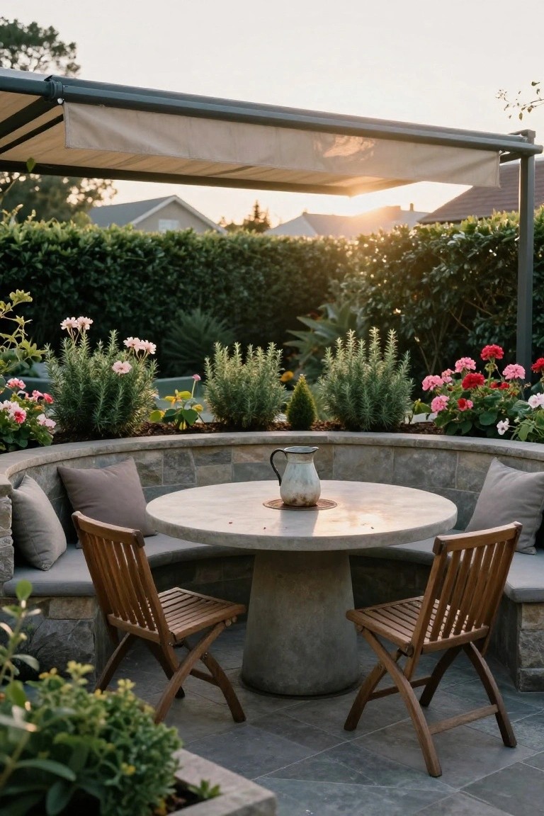 Curved stone banquette with gray cushions surrounds a round concrete table with a metal pitcher, two wooden folding chairs positioned nearby, potted plants and shrubs along the edge, under a beige fabric shade on a metal pergola, green hedge in background at sunset.